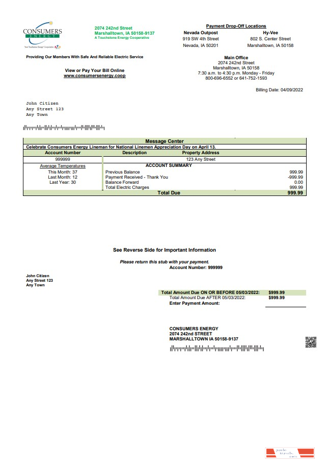 USA Consumers Energy utility bill template in Word and PDF format